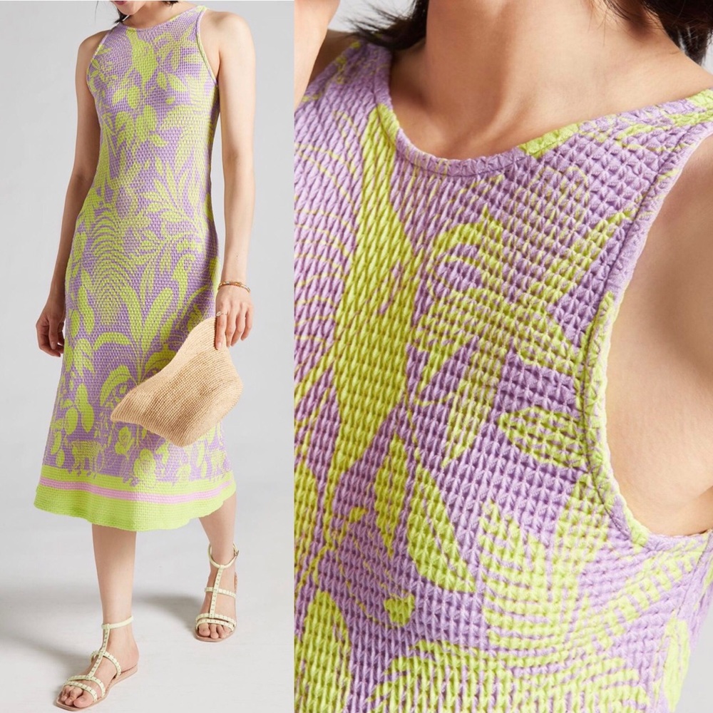 NWT Farm Rio x Anthropologie Midi Dress Green Purple Tropical Print Size M
